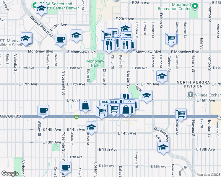 map of restaurants, bars, coffee shops, grocery stores, and more near in Aurora