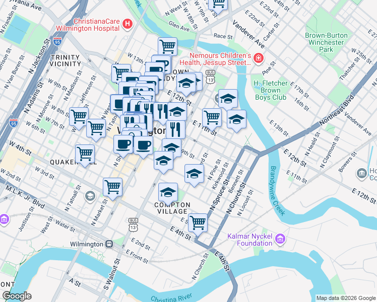 map of restaurants, bars, coffee shops, grocery stores, and more near 314 East 10th Street in Wilmington