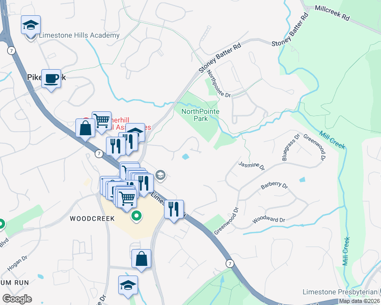 map of restaurants, bars, coffee shops, grocery stores, and more near 4708 Weatherhill Drive in Wilmington