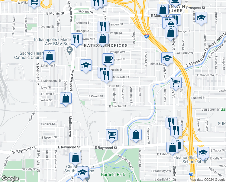 map of restaurants, bars, coffee shops, grocery stores, and more near 1820 Singleton Street in Indianapolis