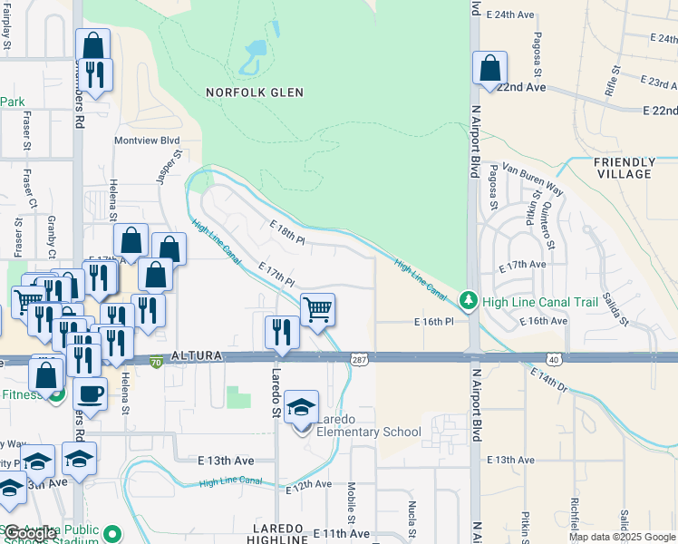 map of restaurants, bars, coffee shops, grocery stores, and more near 1842 Memphis Street in Aurora