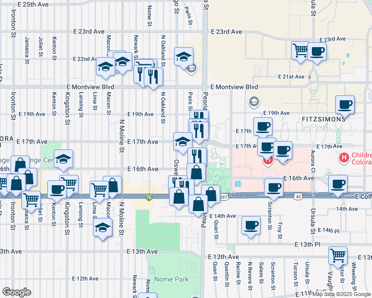map of restaurants, bars, coffee shops, grocery stores, and more near 1709 Paris Street in Aurora
