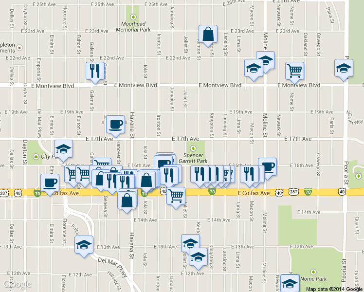 map of restaurants, bars, coffee shops, grocery stores, and more near 1702 Jamaica Street in Aurora