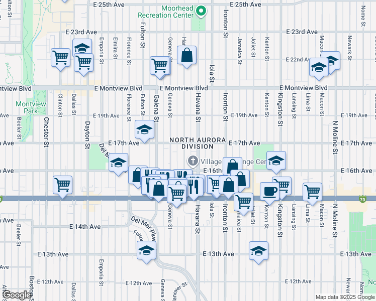 map of restaurants, bars, coffee shops, grocery stores, and more near in Aurora