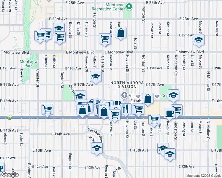 map of restaurants, bars, coffee shops, grocery stores, and more near 1708 Geneva Street in Aurora