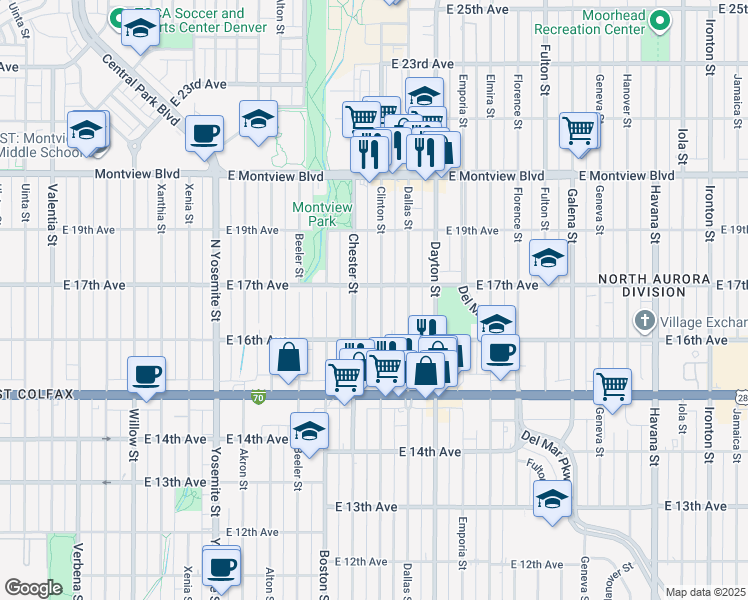 map of restaurants, bars, coffee shops, grocery stores, and more near in Aurora