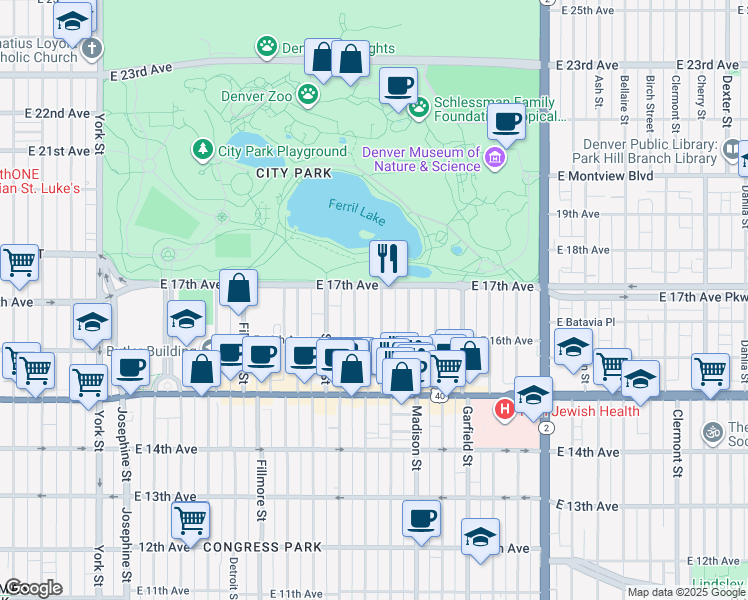 map of restaurants, bars, coffee shops, grocery stores, and more near 3400 East 17th Avenue in Denver