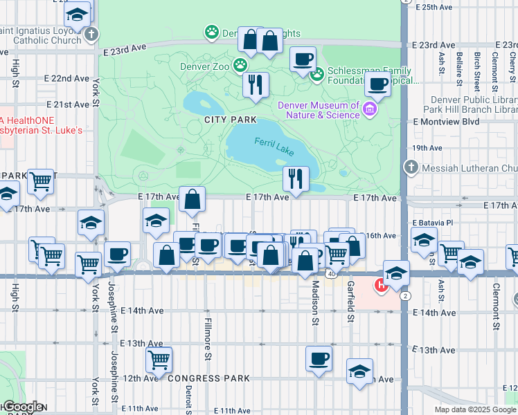 map of restaurants, bars, coffee shops, grocery stores, and more near 1689 Adams Street in Denver