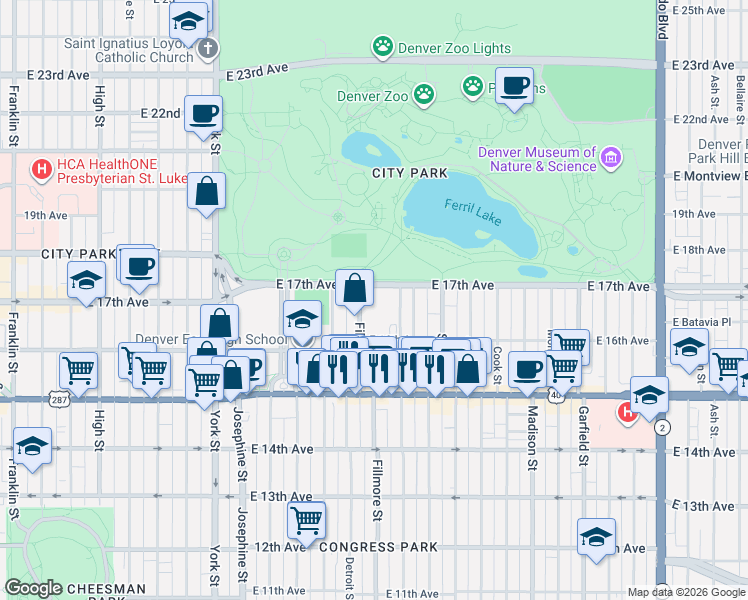 map of restaurants, bars, coffee shops, grocery stores, and more near in Denver