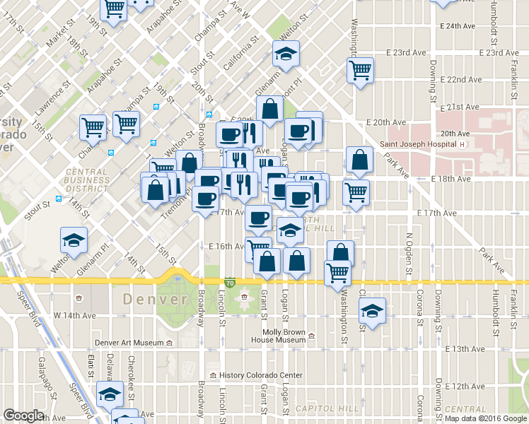 map of restaurants, bars, coffee shops, grocery stores, and more near 0 South Colorado Boulevard in Denver