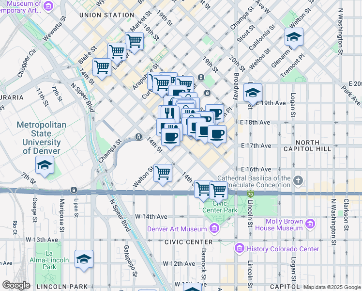 map of restaurants, bars, coffee shops, grocery stores, and more near 601 15th Street in Denver