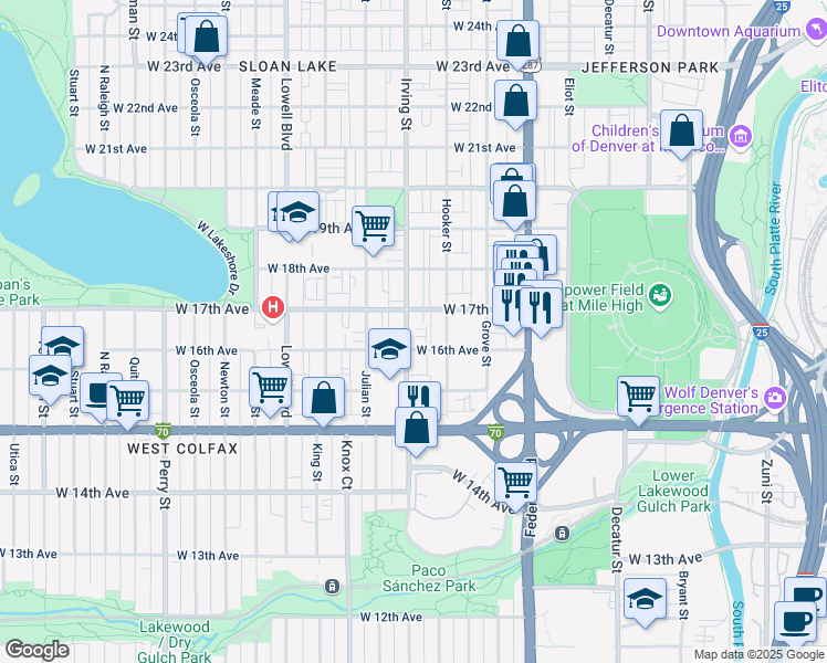 map of restaurants, bars, coffee shops, grocery stores, and more near 1707 Irving Street in Denver