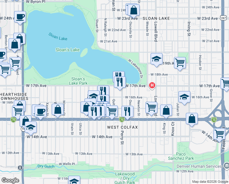 map of restaurants, bars, coffee shops, grocery stores, and more near 4072 West 17th Avenue in Denver