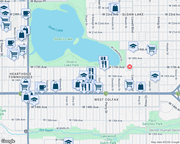 map of restaurants, bars, coffee shops, grocery stores, and more near 4200 West 17th Avenue in Denver