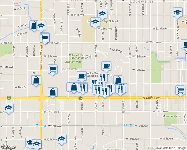 map of restaurants, bars, coffee shops, grocery stores, and more near in Lakewood