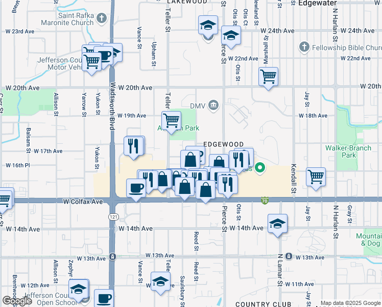 map of restaurants, bars, coffee shops, grocery stores, and more near 1695 Reed Street in Lakewood