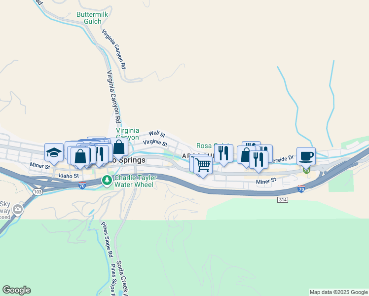 map of restaurants, bars, coffee shops, grocery stores, and more near 2244 Wall Street in Idaho Springs