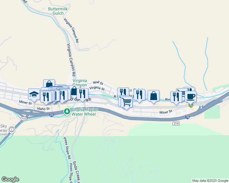 map of restaurants, bars, coffee shops, grocery stores, and more near 2244 Wall Street in Idaho Springs