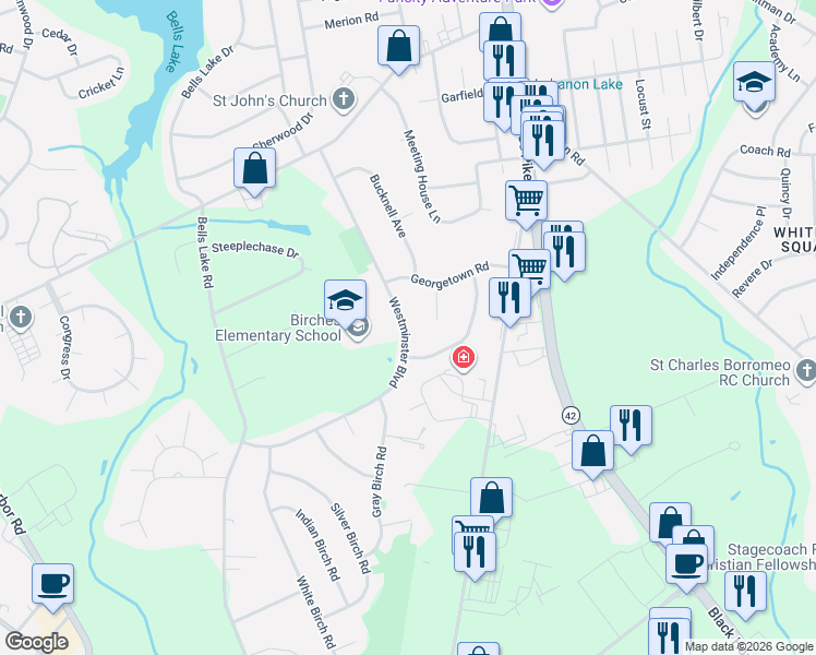 map of restaurants, bars, coffee shops, grocery stores, and more near 18 Amherst Court in Washington Township