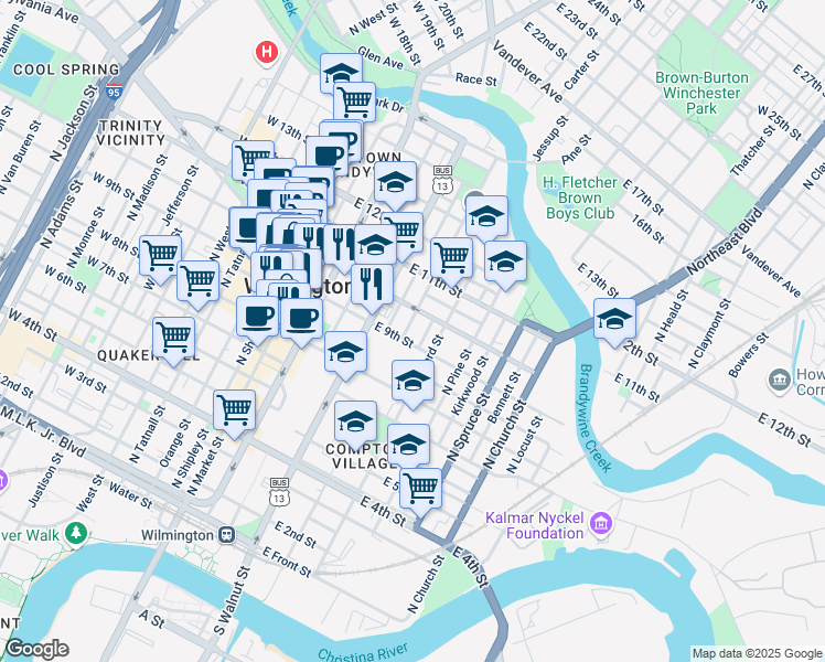 map of restaurants, bars, coffee shops, grocery stores, and more near 314 East 10th Street in Wilmington