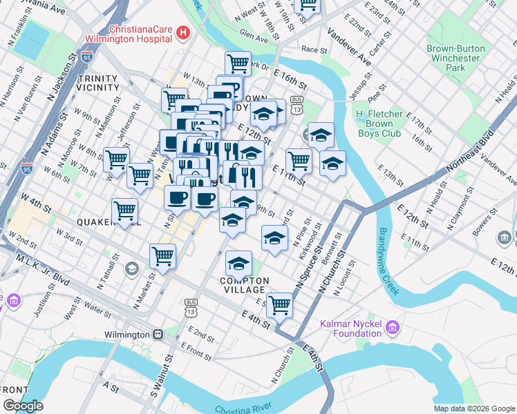 map of restaurants, bars, coffee shops, grocery stores, and more near 314 East 10th Street in Wilmington