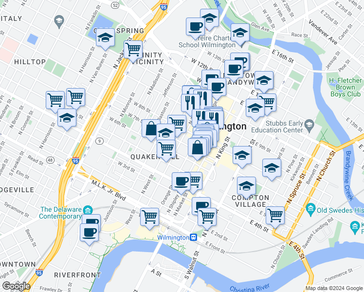 map of restaurants, bars, coffee shops, grocery stores, and more near 703 North Tatnall Street in Wilmington