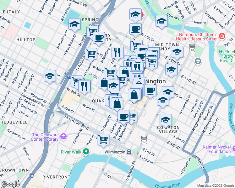map of restaurants, bars, coffee shops, grocery stores, and more near 406 West 7th Street in Wilmington