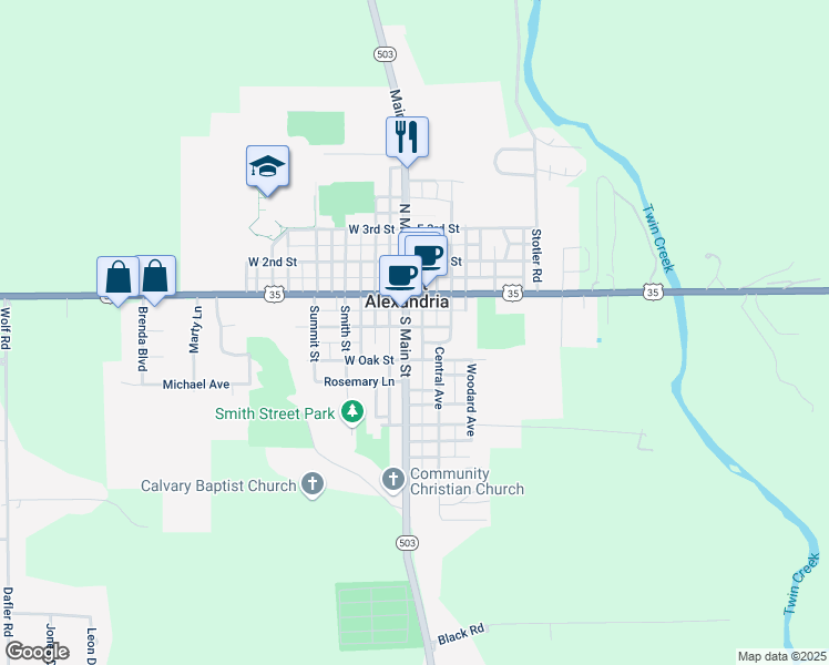 map of restaurants, bars, coffee shops, grocery stores, and more near in West Alexandria