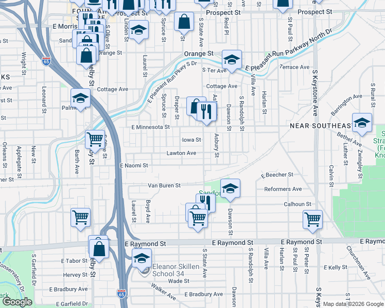 map of restaurants, bars, coffee shops, grocery stores, and more near 1629 Iowa Street in Indianapolis