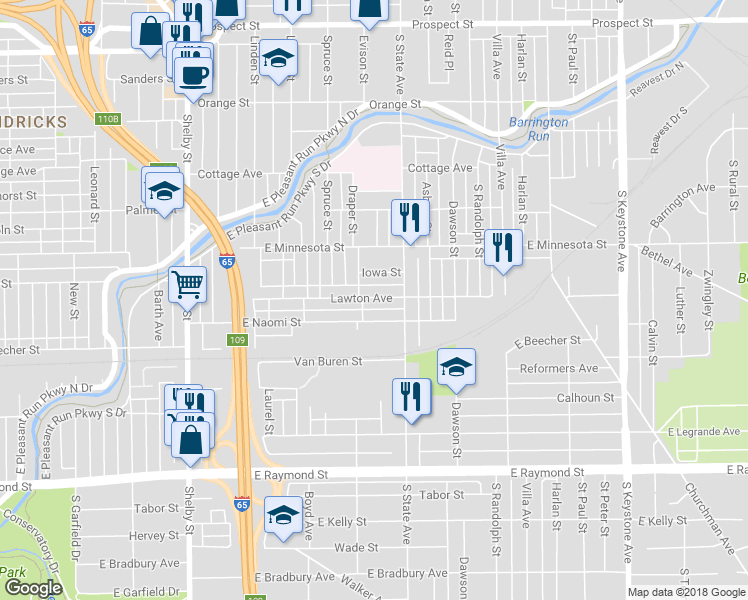 map of restaurants, bars, coffee shops, grocery stores, and more near 1629 Iowa Street in Indianapolis