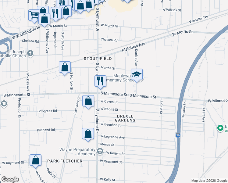 map of restaurants, bars, coffee shops, grocery stores, and more near 5228 West Minnesota Street in Indianapolis