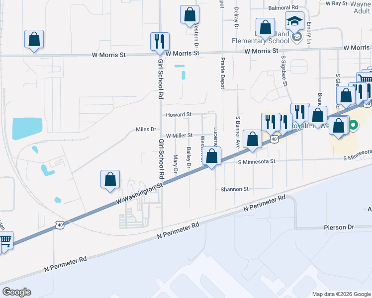 map of restaurants, bars, coffee shops, grocery stores, and more near 1501 Mary Drive in Indianapolis