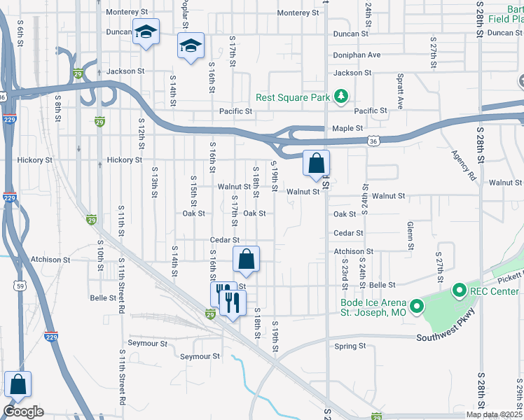 map of restaurants, bars, coffee shops, grocery stores, and more near 2404 South 19th Street in Saint Joseph