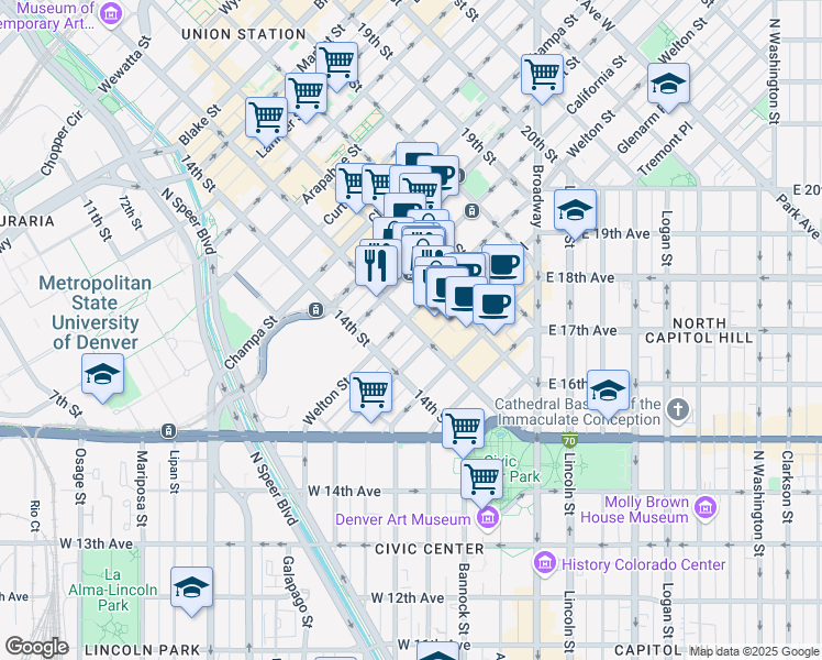 map of restaurants, bars, coffee shops, grocery stores, and more near 550 15th Street in Denver