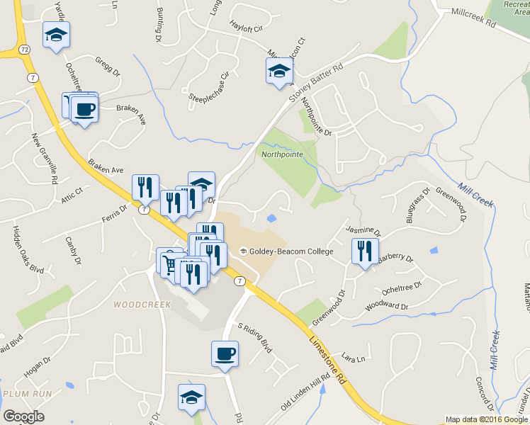 map of restaurants, bars, coffee shops, grocery stores, and more near 4800 Weatherhill Drive in Wilmington