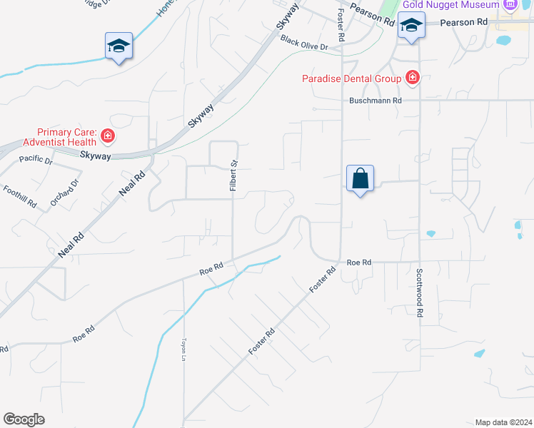 map of restaurants, bars, coffee shops, grocery stores, and more near 640 Circlewood Drive in Paradise