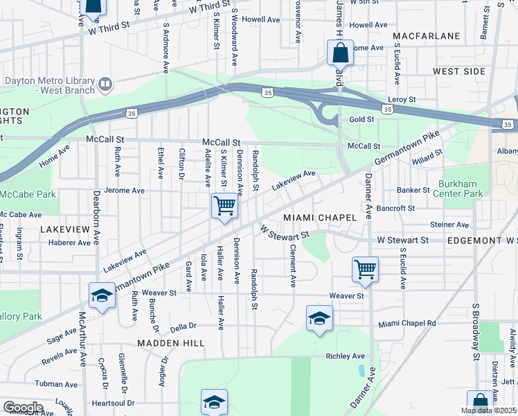 map of restaurants, bars, coffee shops, grocery stores, and more near 718 Randolph Street in Dayton