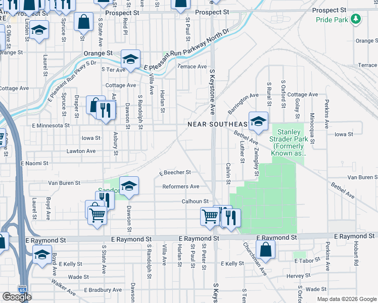 map of restaurants, bars, coffee shops, grocery stores, and more near 1742 Fullenwider Avenue in Indianapolis