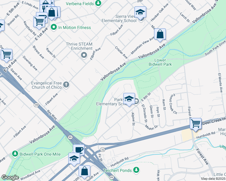 map of restaurants, bars, coffee shops, grocery stores, and more near 1760 Park Vista Drive in Chico