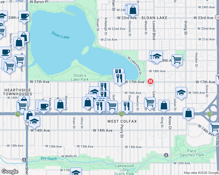 map of restaurants, bars, coffee shops, grocery stores, and more near 1650 North Raleigh Street in Denver