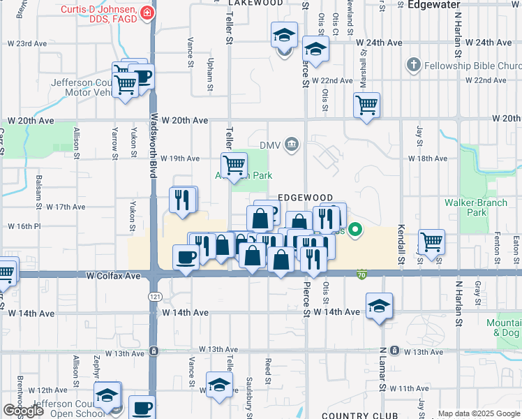 map of restaurants, bars, coffee shops, grocery stores, and more near 1695 Reed Street in Lakewood
