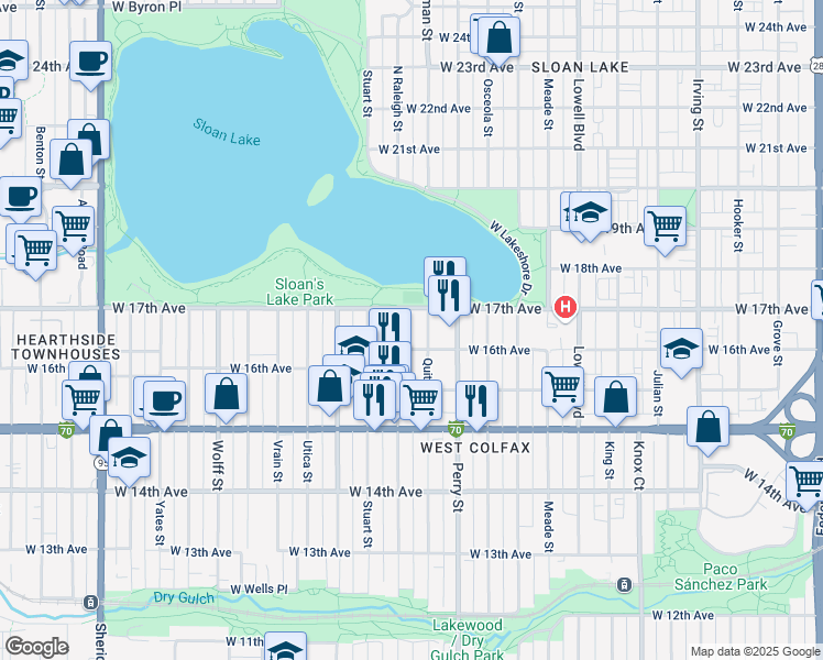 map of restaurants, bars, coffee shops, grocery stores, and more near 1650 North Raleigh Street in Denver
