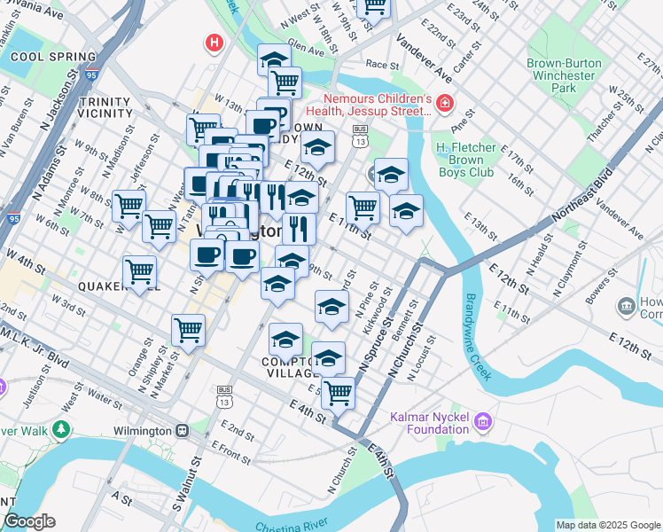 map of restaurants, bars, coffee shops, grocery stores, and more near 314 East 10th Street in Wilmington