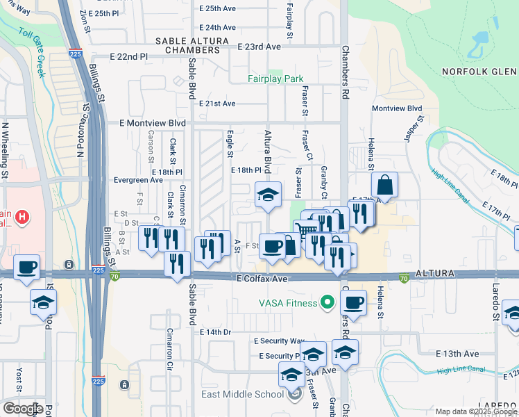 map of restaurants, bars, coffee shops, grocery stores, and more near 1671 Altura Boulevard in Aurora