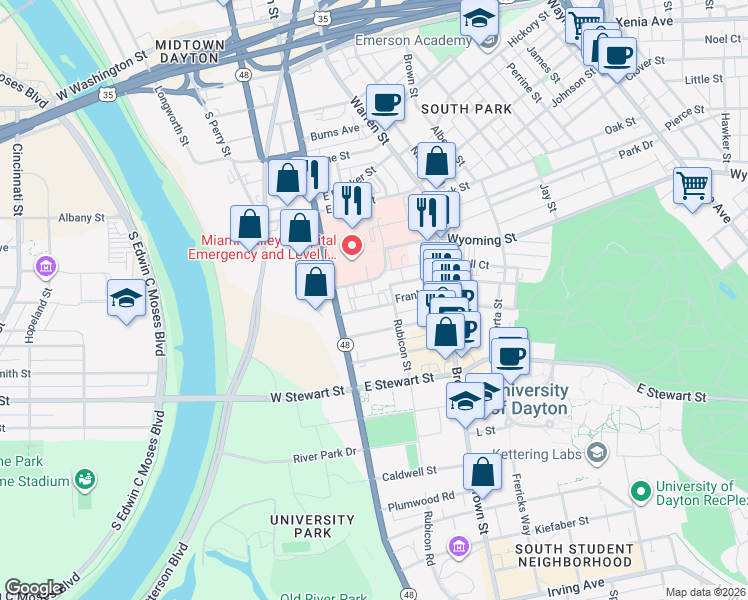 map of restaurants, bars, coffee shops, grocery stores, and more near 40 Wyoming Street in Dayton