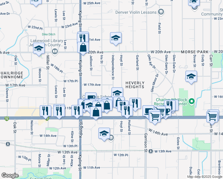 map of restaurants, bars, coffee shops, grocery stores, and more near 1675 Independence Street in Lakewood