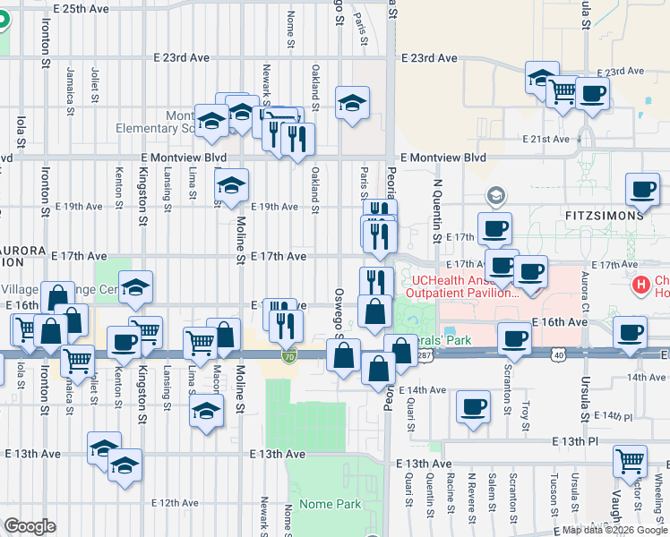 map of restaurants, bars, coffee shops, grocery stores, and more near 11809 East 17th Avenue in Aurora