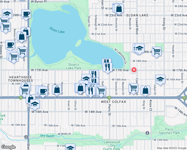 map of restaurants, bars, coffee shops, grocery stores, and more near 4200 West 17th Avenue in Denver