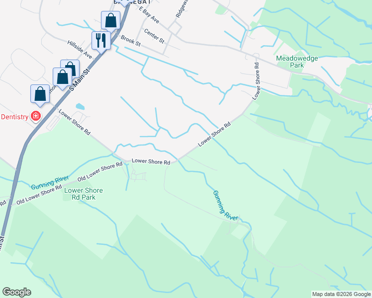 map of restaurants, bars, coffee shops, grocery stores, and more near 125 Lower Shore Road in Barnegat Township