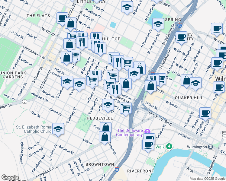 map of restaurants, bars, coffee shops, grocery stores, and more near 1214 Pleasant Street in Wilmington